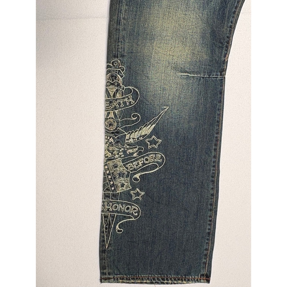 Ed Hardy Mens Distressed Straight Leg Jeans Tattoo Embroidery Dark Wash 36x34 - Picture 2 of 12